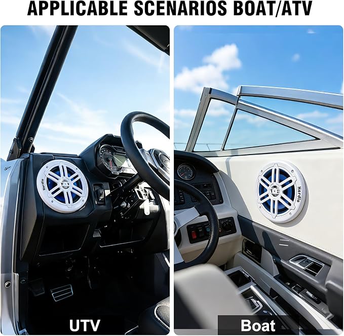 Herdio 5.25" 250W Marine Speakers - IP66 Waterproof Coaxial Audio, with Blue LED Light for Boats, ATVs, UTVs with UV Resistant White Grille (A Pair)