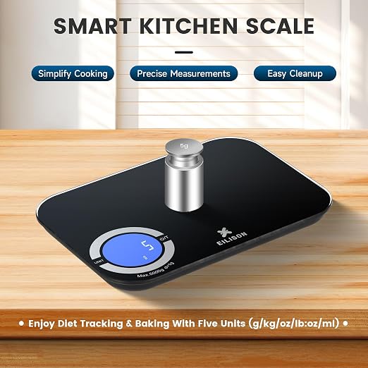 EILISON Smart Kitchen Scale with Nutrition Calculator, Digital Food Scale, Large TFT Color Display, Bluetooth App for 999+ Foods, Calorie Counter & 24 Nutrients Analyzer, 5000g Cap (Black)