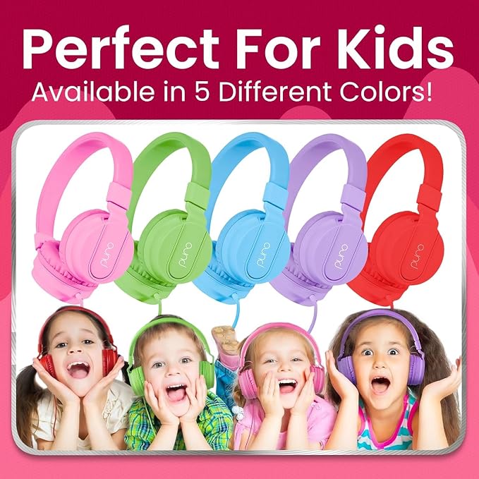 Puro Sound Labs Kids Wired Headphones – Volume-Limiting & Adjustable, Safer & Comfortable Headphones for Kids – Compatible with PCs, Smartphones & Tablets, Ideal for School & Travel – PuroBasic, Pink