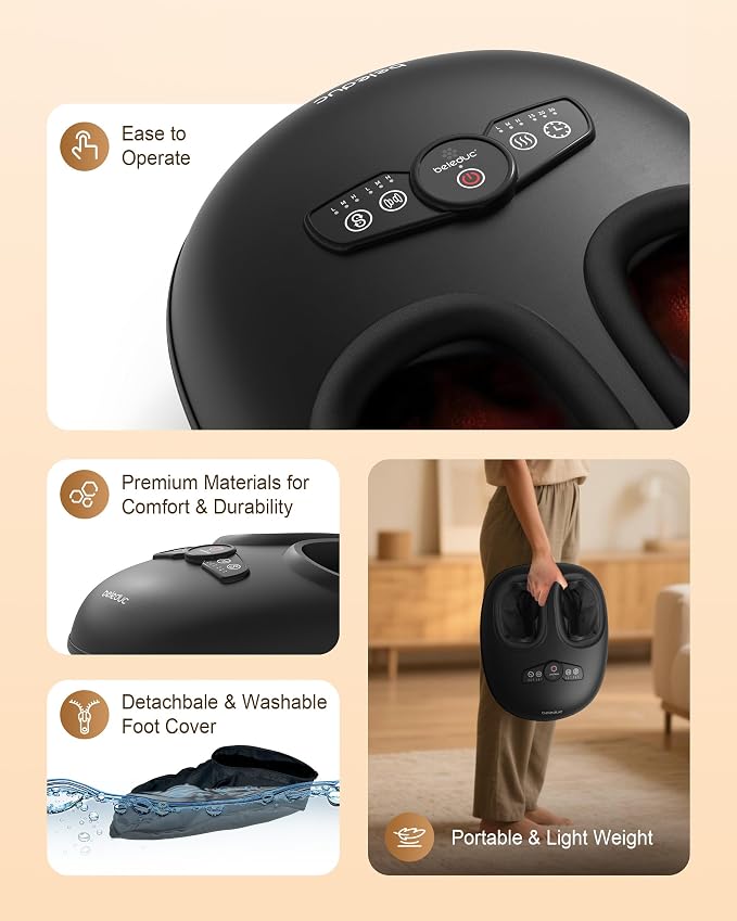 Beleduc Foot Massager with Heat and Compression, FSA Eligible, Deep Kneading Shiatsu Foot Massager for Plantar Fasciitis & Neuropathy, 3 Intensities, Washable Covers, Gifts for Men Women