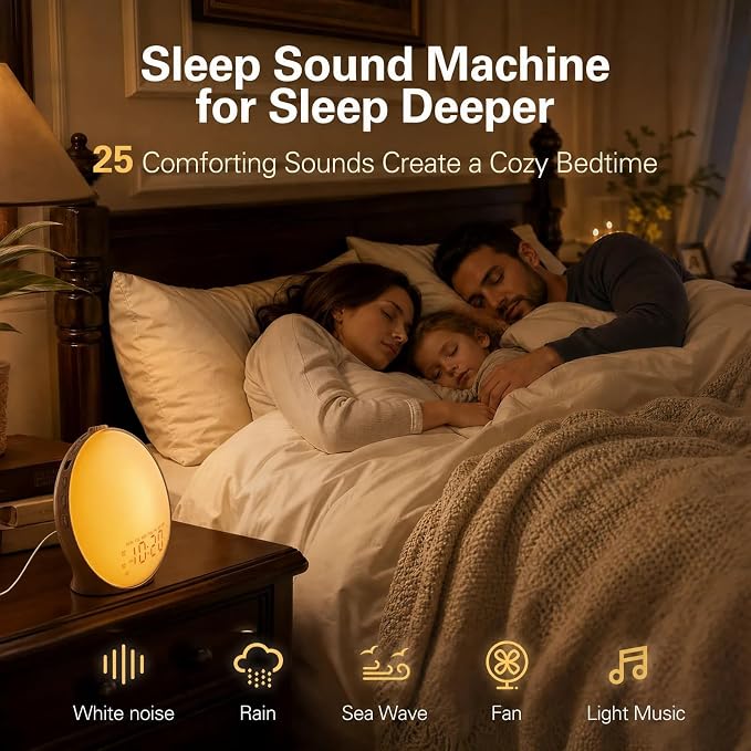 JALL Full-Screen Wake Up Light Sunrise Alarm Clocks for Bedrooms, White Noise Machine for Heavy Sleepers & Kids, 25 Natural Sounds, Dual Alarms, FM Radio, 17 Dimmable Colors, Bluetooth Speaker