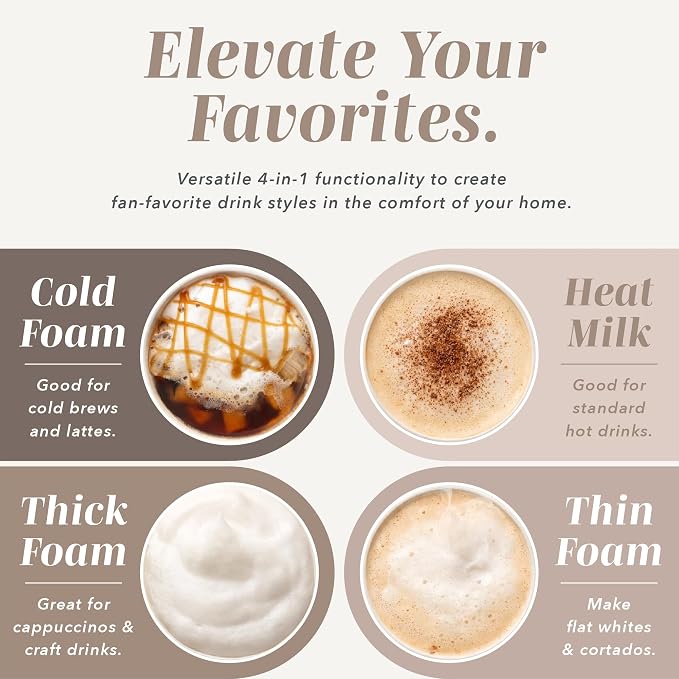 COOK WITH COLOR 4-in-1 Electric Milk Steamer and Frother - 2-Minute Heating and Frothing, Hot and Cold Foam Maker for Coffee, Latte, Cappuccino, Macchiato, Milk Warmer, Auto Shut Off, Sand