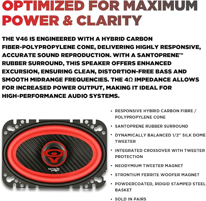 CERWIN-VEGA! V46 4"× 6" VEGA 2-Way 180 Watts 4 Ohm Coaxial Full Range Speakers(Pair)