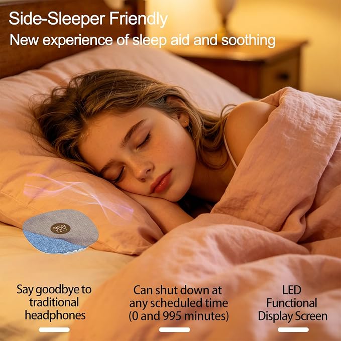 Hesond Under Pillow Speaker Dual Bone Conduction Stereo Bluetooth Wireless Music Portable Sleep Sound Sleep Speaker with LED Display White Noise Timer for Side Sleepers Supports TF Card (Grey)