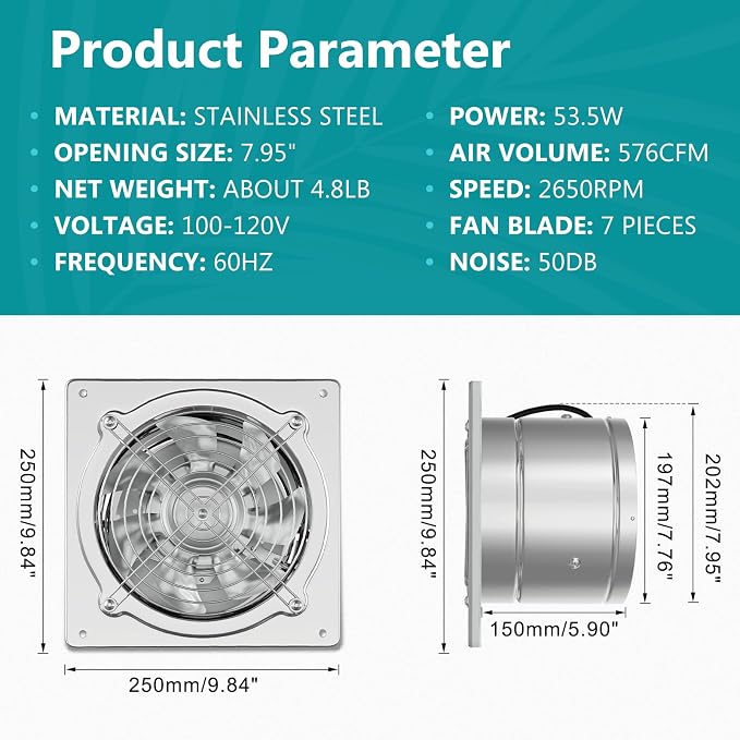 HG Power 8 Inch Kitchen Exhaust Fan, 576CFM Metal Attic Exhaust Fan, Wall Mounted Garage Ventilation Fan, Basement Extractor Fans with Backdraft Damper for Home Office Commercial Use, Silver