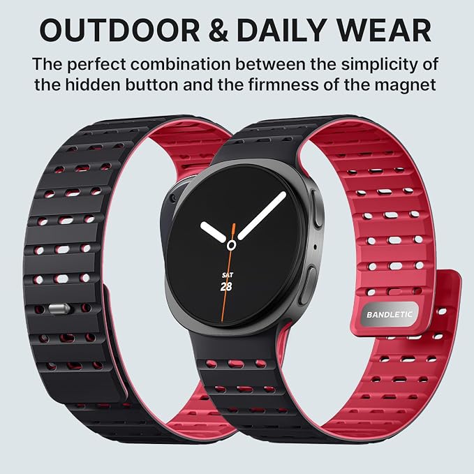 Bandletic Magnetic Silicone Band Compatible with Samsung Galaxy Watch 8 40mm 44mm / Watch 8 Classic 46mm 2025, No Gap Soft Breathable Replacement Strap for Men Women, Black/Red