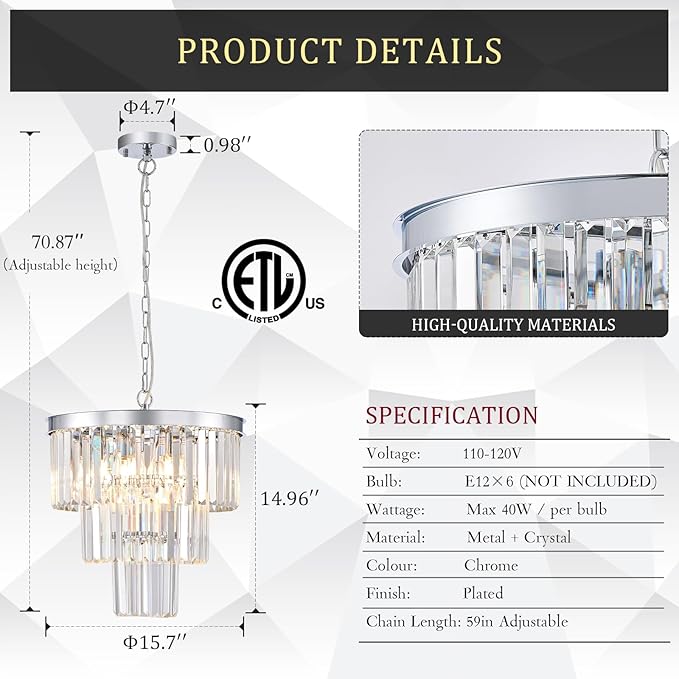 CATINER Modern Chrome Crystal Chandeliers 16" Small Pendant Light Luxury 3 Tiers 6-Light K9 Crystal Ceiling Pendant Round Light Fixture for Dining Room Entryway Kitchen Bedroom Closet