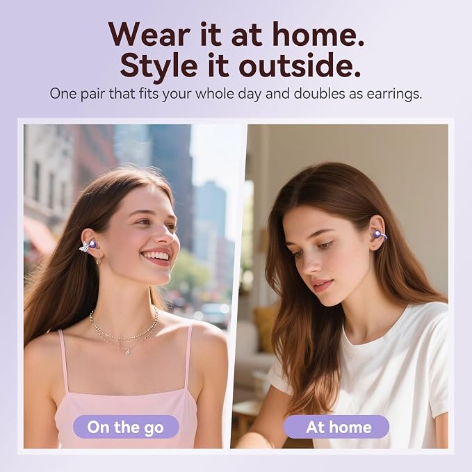 Kinglucky Gen2 Clip-On Earbuds with Butterfly Earrings, Charge & Store Without Removing Earrings, Comfortable Fit & 40H Playtime Bluetooth Open Ear Headphones for Women, Small Ears, Gifts (Purple)