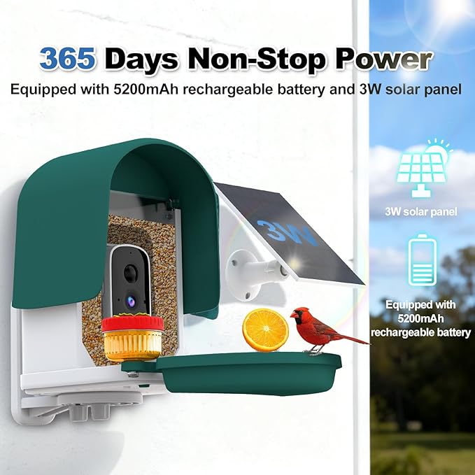 Bird Feeder Camera with 4K HD, App Alerts & Two-Way Audio, Solar Panel, 32GB Card 4-in-1 Perch, 160° View, Auto Detect & AI Identify - Wireless Outdoors Weatherproof Design (Army Green)