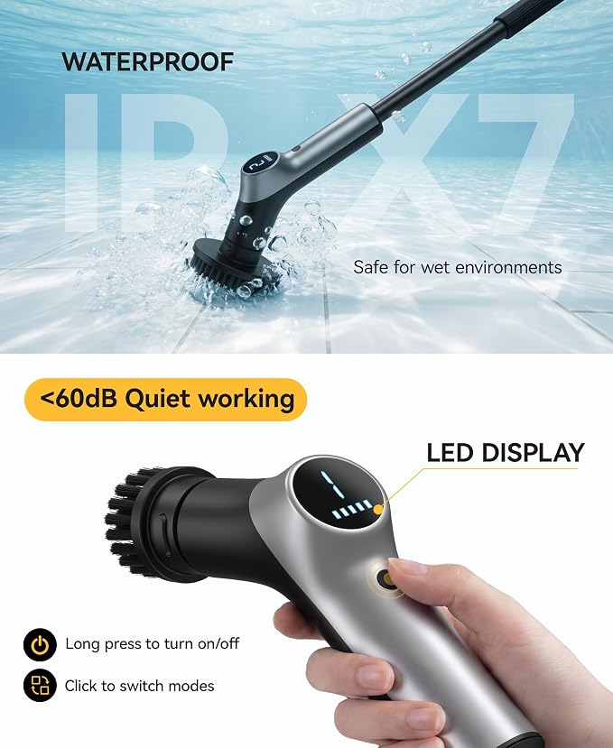 Electric Spin Scrubber for Bathroon,IPX7 Cordless Cleaning Brush with 6 Replaceable Brush Heads,120 Mins Runtime Power Shower Scrubber with Adjustable Extension Handle and Durable Brush Head for Tub