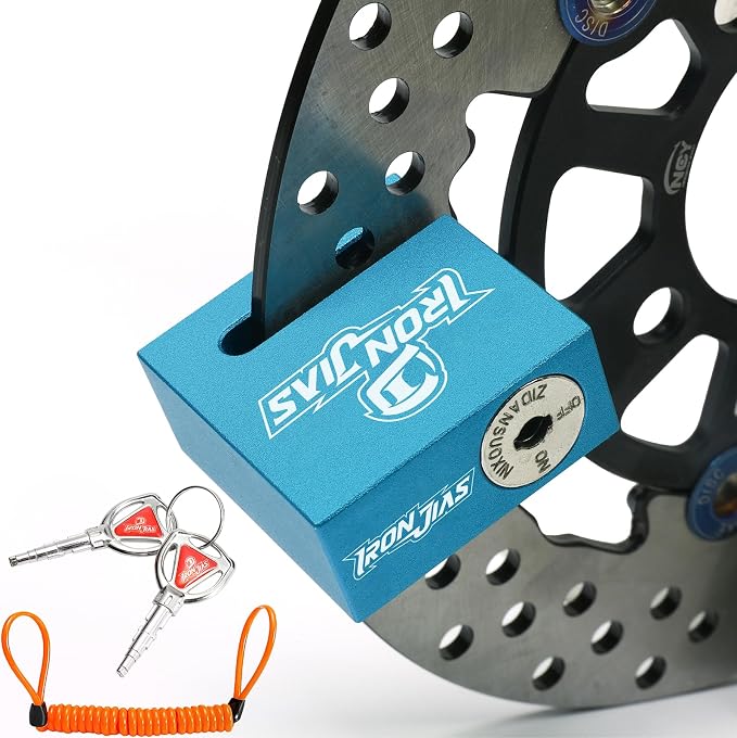 IRON JIA'S Motorcycle Disc Lock Anti-Theft Wheel Brake Lock Waterproof Alloy with Reminder Cable and 2 Keys, Alarm-Free for Motorbike, E-Scooter, Mountain Bike Blue