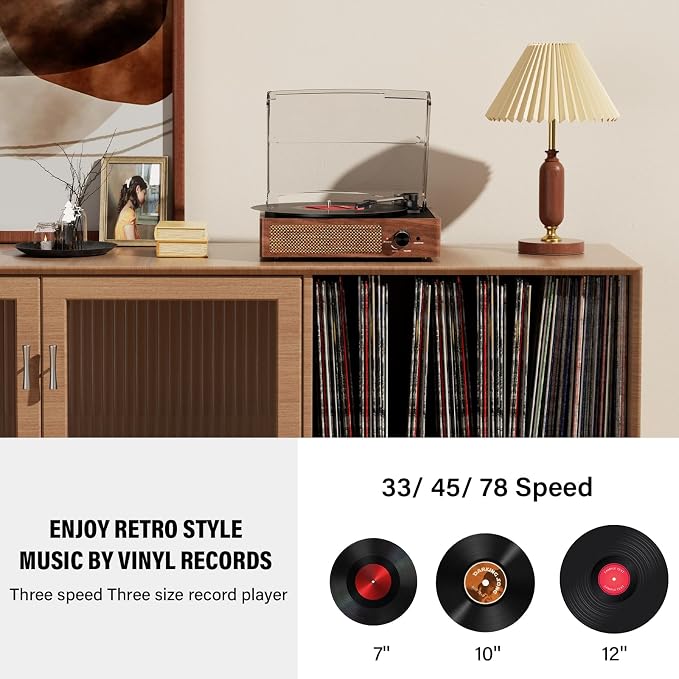 Vinyl Record Player Turntable with Built-in Bluetooth Receiver & 2 Stereo Speakers, 3 Speed 3 Size Portable Retro Record Player for Entertainment and Home Decoration