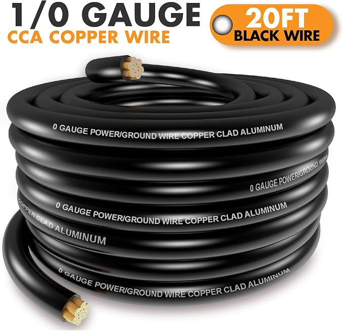 Jeemiter 1/0 Gauge Wire CCA Copper Clad Aluminum (20FT Black) - Battery Cable,Power/Ground Cable with Lug Terminal Connectors & 3:1Heat Shrink Tubing for Car Amplifier,Big 3 Upgrade,Auto