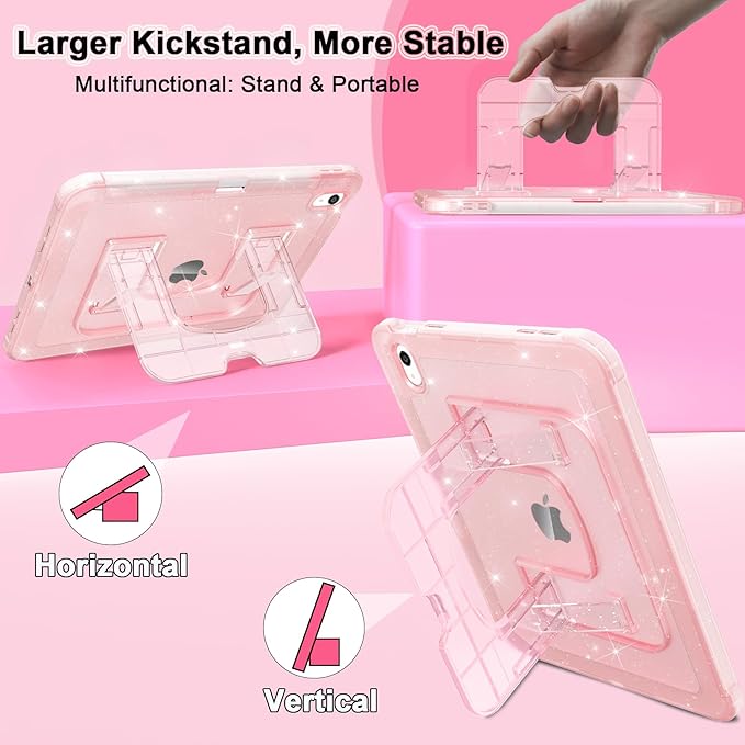 CCMAO Case for iPad (A16) 11th 11" 2025, iPad 10th Generation 2022 with Pencil Holder & Kickstand, Shockproof Protective Slim Thin iPad Case with Glitter Back Cover, Pink Glitter