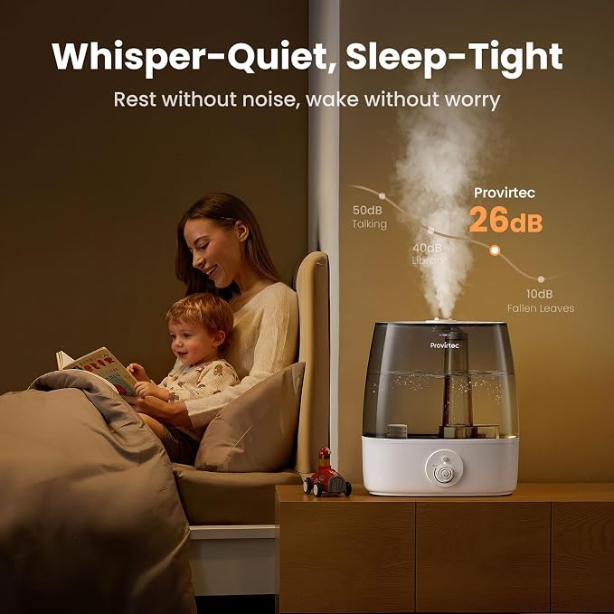 Provirtec 6.5L Stay Clean Tank Humidifier for Large Room, Low Maintenance, Top Fill Design, Ultra Quiet 65H Runtime, Cool Mist Ultrasonic for Bedroom, Home, Plants HC12