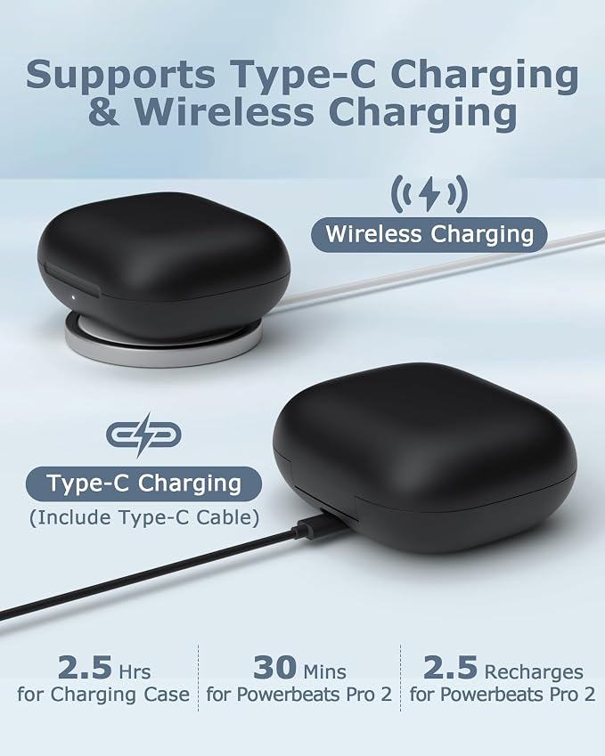 Charging Case Replacement for Powerbeats Pro 2: 600mAh Wireless Charging Case with Bluetooth Pairing & USB-C Cable