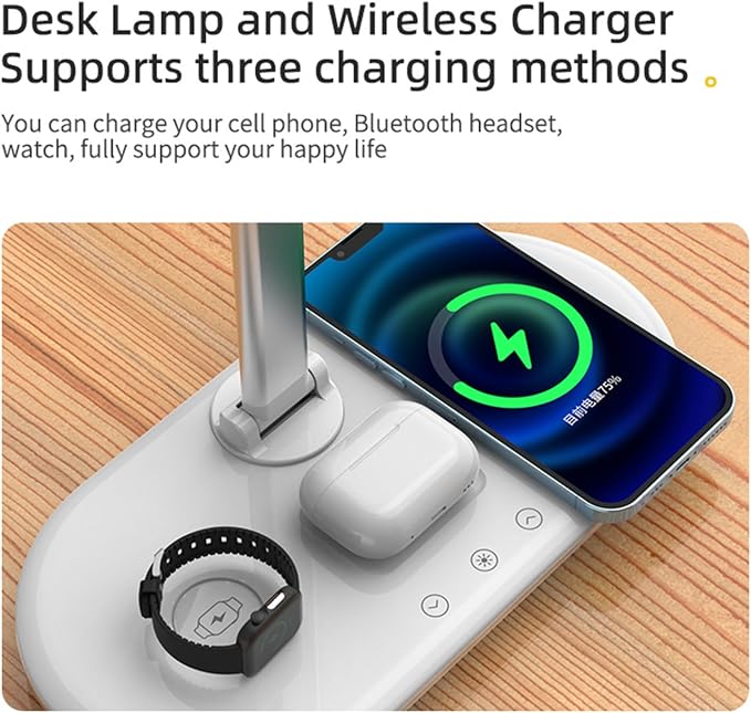 3-in-1 Wireless Charging Desk Lamp for Office&Home-15W Fast Qi Charger for Phone,Watch, AirPods,Adjustable Color&Brightness,Wide Angle Lighting,Touch Control,HYT2096 White.