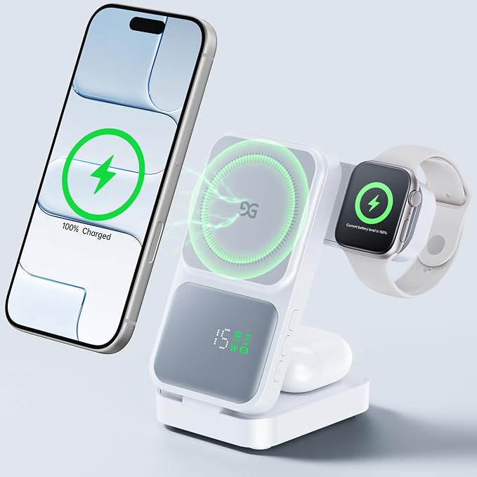 3-in-1 Charging Station for MagSafe Wireless Charger Clock, LED Screen with Power Display, 15W Fast Charging, Compatible with iPhone 17/Air/16/15, iWatch Ultra 3, AirPods Pro 3, White