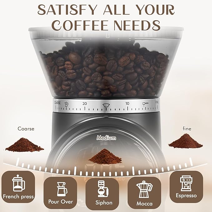 AYCHIRO Electric Conical Burr Coffee Grinder, Touchscreen Coffee Grinder for Home Use, Compact Burr Mill Grinder with 30 Grind Settings, Detachable Hopper & Coffee Container, Black