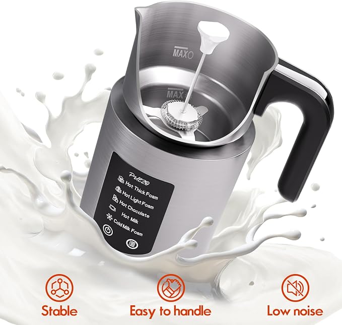 PULZO Milk Frother and Steamer, 5-in-1 Automatic Electric Milk Frothers for Latte, Cappuccino & Coffee, Hot & Cold Foam Maker with 17oz Detachable Stainless Steel Jug, Dishwasher Safe