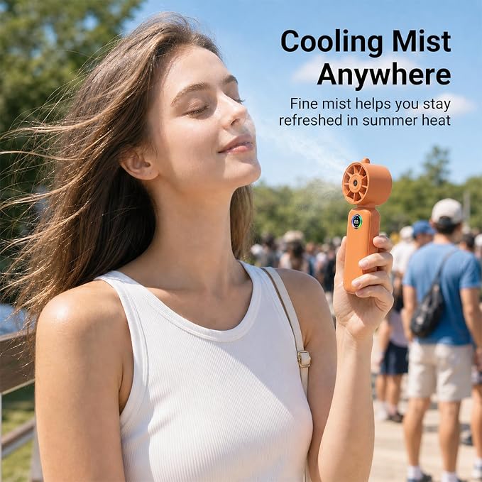 Clip-On Portable Fan with Misting, 4000mAh Up to 12H Battery Life Hand Mini Foldable Fan, 360° Rotating USB Rechargeable Turbo Quiet Stroller Fans for Travel Outdoors and Office Use (Orange)