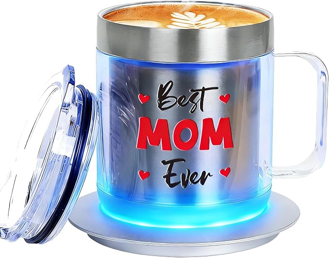 Birthday Gifts for Mom, 12oz Funny Heated Coffee Mug for Mom with BEST MOM EVER, Electric Coffee Cup with Warmer Set, Ideal Valentines Mothers Day Gifts from Husband Daughter Son(Silver MOM-12oz)