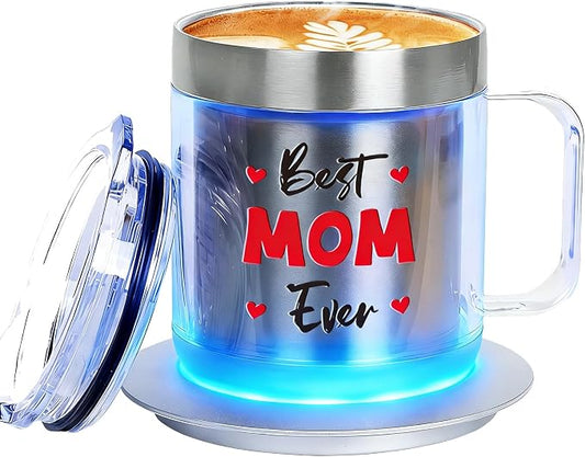 Birthday Gifts for Mom, 12oz Funny Heated Coffee Mug for Mom with BEST MOM EVER, Electric Coffee Cup with Warmer Set, Ideal Valentines Mothers Day Gifts from Husband Daughter Son(Silver MOM-12oz)