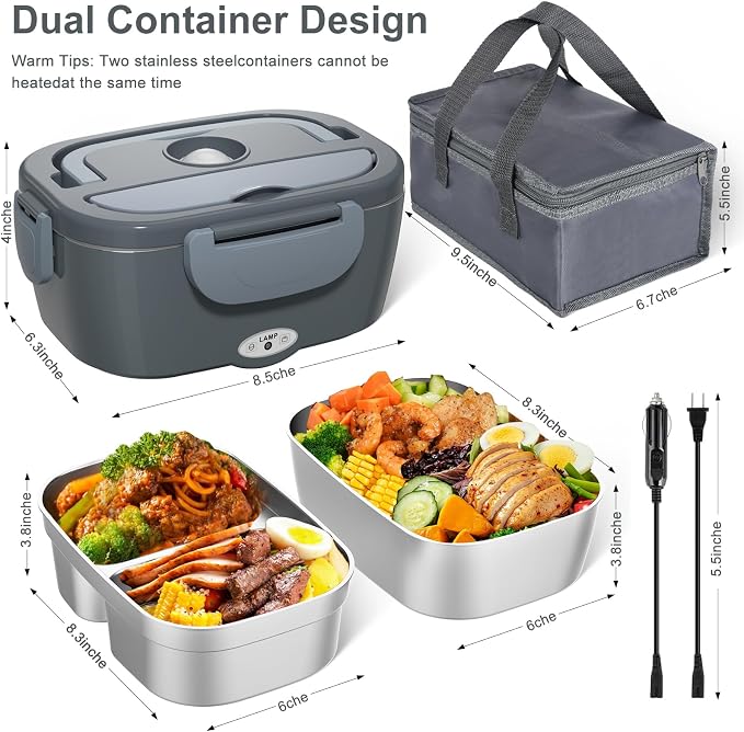Akhia Electric Lunch Box for Adults, Heated Lunch Box for Men with 2 Stainless Steel Container, 1.5L Portable 80W Food Warmer Lunch Box 110V/12V/24V/240V for Car/Truck/Dad/Husband,Gift for Fathers Day