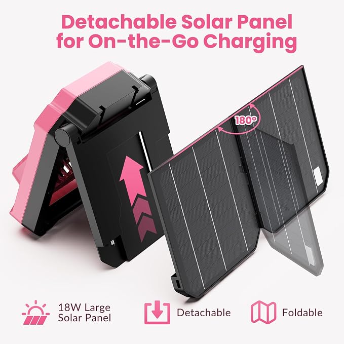 26800mAh Portable Fan Rechargeable with 18W Detachable Solar Panel, Quiet Battery Powered Camping Fan Cordless with LED Lantern,3 Speed,Timer,USB-C,for Bedroom Tent Home Office Desk Hurricane(Pink)