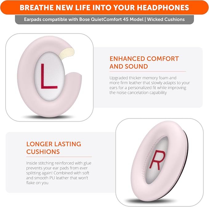 WC PadZ QC45 - Earpads for Bose QuietComfort 45 / QuietComfort Se/QuietComfort Wireless, Made by Wicked Cushions | Extra Thick Cushion | Premium Durable Stitching | Petal Pink