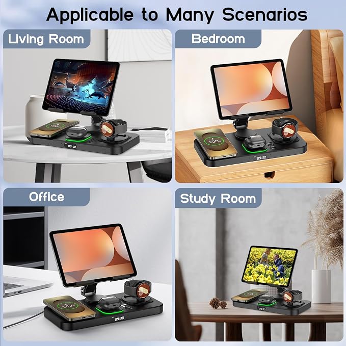 30W Tablet Wireless Charger for Samsung, Foldable Android Charging Station with Clock Display with 7-Color Light, Wireless Watch Charger for S25, Only Compatible Samsung Watch, Galaxy Buds3 Pro(Purple