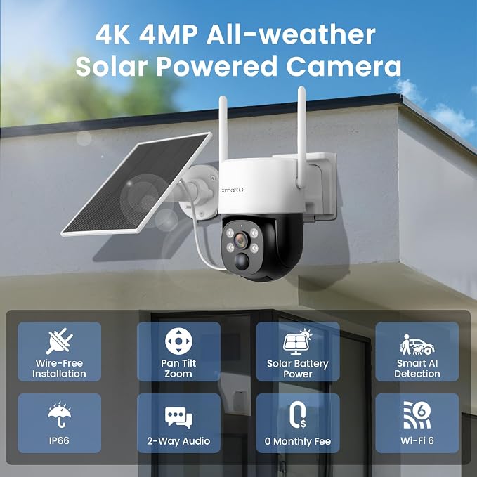 xmartO Solar Security Cameras Wireless Outdoor, Wire-Free PTZ 4MP 2K AI Tracking Camera, 5G Dual Band WiFi6, All-Weather Continuous Solar Charging, Floodlights, SD/NVR/Cloud, No Monthly Fees