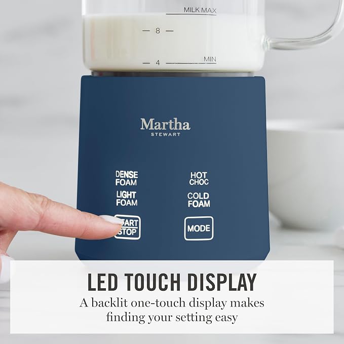 Martha Stewart Milk Frother and Steamer, 10oz/300ml Glass Cup, 4 Presets (Cold Foam, Light, Dense & Hot Chocolate), Ready in 90 Seconds, Cordless Pouring, One-Touch for Hot and Cold Milk, Indigo Blue