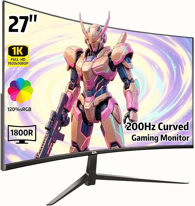 ZZA 27 Inch Curved Gaming Monitor 200Hz, Full HD 1080P VA Panel Computer Monitor, 1ms Response Time, FreeSync, HDMI & DP Port, HDR, Frameless, VESA Mountable