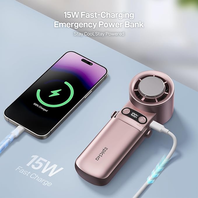 EPICKA Portable Handheld Fan with Ice Cooler - 25H Runtime, Rechargeable 6800mAh Personal Turbo Fan with Power Bank, Fast Charging, 0-100 Speed, Gifts for Women, Summer Travel Essentials, Rose Gold