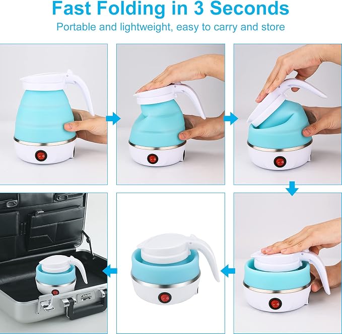 Portable Electric Kettle Travel Size, 600ML Small Foldable Tea Coffee Kettle with Collapsible Bowl and Cups, 5 Min Fast Water Boiling, BPA Free Food Grade Silicone, 110V 400W