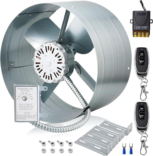 Hiorucet Upgraded 15 Inch Gable Vent Attic Fan with Switch, 1600CFM 2400 SQF High Performance Low Noise Exhaust Fan with Adjustable Thermostat, 14 Inch Blade and Permanently Lubricated Motor 1050RPM.