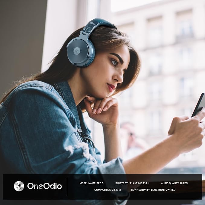 OneOdio Bluetooth Over Ear Headphones, 110 Hrs Wireless/Wired Stereo Sound Foldable Headsets with Deep Bass 50mm Neodymium Drivers for PC/Phone/Tablet - Studio Wireless Pro C, Sky Blue