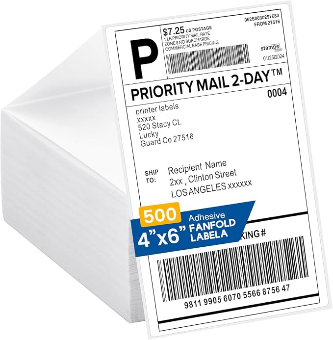 Bluetooth Thermal Shipping Label Printer (Black) + Thermal Direct Shipping Labels (Pack of 500 Fan-Fold Labels)