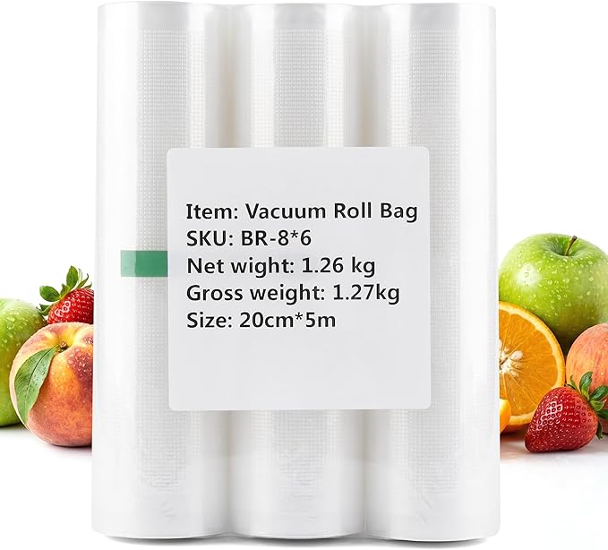 Vacuum Sealer Rolls, 8" x 16.4' 6 Rolls, Heavy Duty BPA-Free Vacuum Sealer Bags for Food, 175 Micron PA+PE Roll Bags for Sous Vide, Freezer Storage and Meal Prep