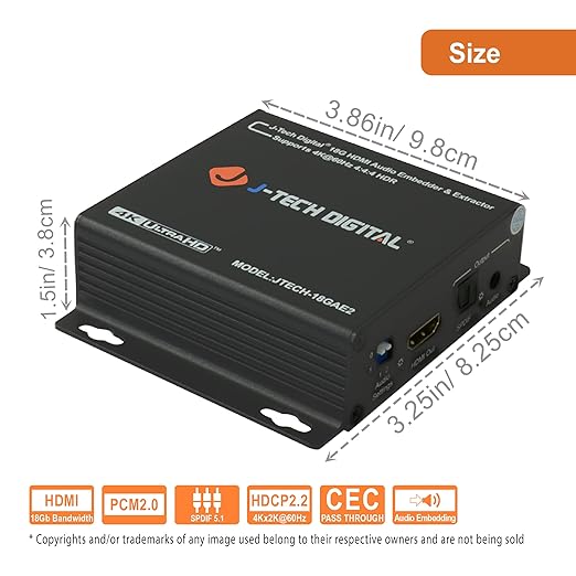 J-Tech Digital 4K 60HZ HDMI Audio Extractor with HDMI Audio Embedder Optical SPDIF + 3.5MM Output Supports 18Gpbs Bandwidth, HDCP 2.2, Dolby Digital/DTS Passthrough CEC, HDR10 [JTECH-18GAE2]