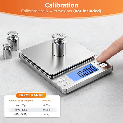 BOMATA 0.01g High Precision Jewelry Scale, 1000g Digital Gram Scale with Hold, Tare & Counting Function, Small & Portable Design for Gold, Bullion, Coins, Gemstones & Crafts, Sliver