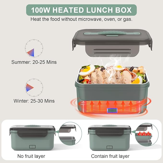Vingud Electric Lunch Box 100W, 4 in 1 Heated Lunch Box for Adults, Portable Heating Lunch Box for Work/Car/Truck, with 1.8L Stainless Steel Container, 12V 24V 110V 220V, Green Grey