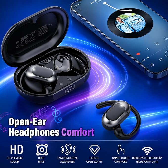 Open Ear Headphones, 2026 Over Ear Earbuds with Ergonomic Earhook, IP7 Waterproof Bone Conduction Earbuds,BT5.4 Earbud with 4 Noise Canceling Mic, HF-Stereo/36H,Ultra-Comfort,Sports Headphones for Gym
