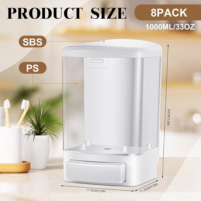Hushee 8 Pcs Plastic Wall Mounted Soap Dispenser Commercial Manual Soap Containers Wall Dispenser for Kitchen Shower Hotel Liquid Shampoo Gel Chamber (33.8 oz 1000 ml,White)