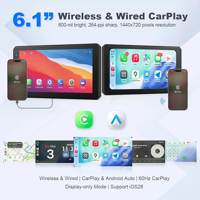 6.1 Inch Portable Car Screen, Wireless & Wired CarPlay Android Auto, 1080P Wireless Backup Camera, 60Hz, 800nit INCELL Display, Universal for Cars SUVs Pickups RVs