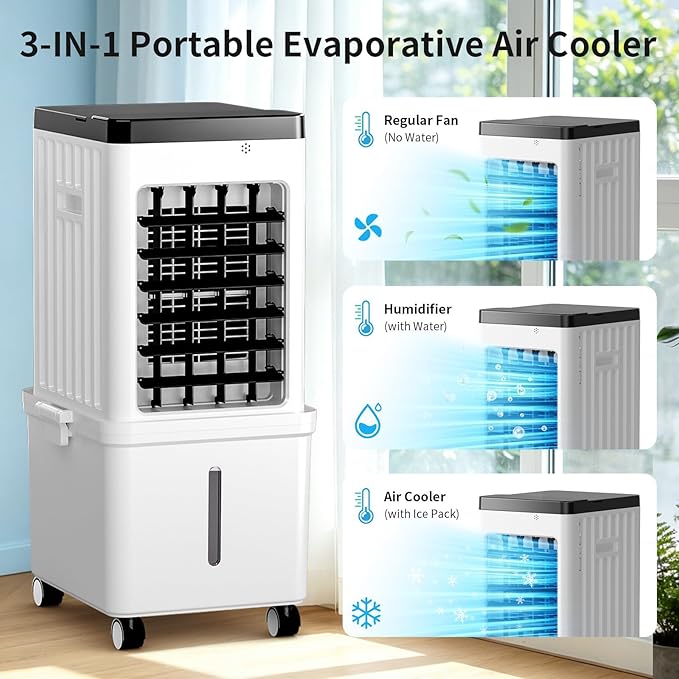 Simersure Portable Air Conditioners, 3-in-1 Portable AC Unit with Removable 2.6 Gal Water Tank, Dehumidifier & Fan, Evaporative Air Cooler Windowless with 3 Wind Speeds for Bedroom Office Garage