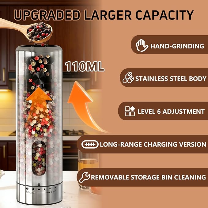 Electric Salt and Pepper Grinder Set with Rechargeable Base Upgraded Stainless Steel Automatic Salt and Pepper Shakers,Upgraded 2-Speed Setting,External 6 Adjustable Coarseness with LED Light