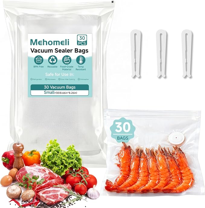 Mehomeli Reusable Vacuum Sealer Bags for Food – 30 BPA-Free Small (8.66in × 8.26in) Food Storage Bags, Freezer Microwave Safe, Odor-Resistant, Leak-Proof – Compatible with Handheld Vacuum Sealers