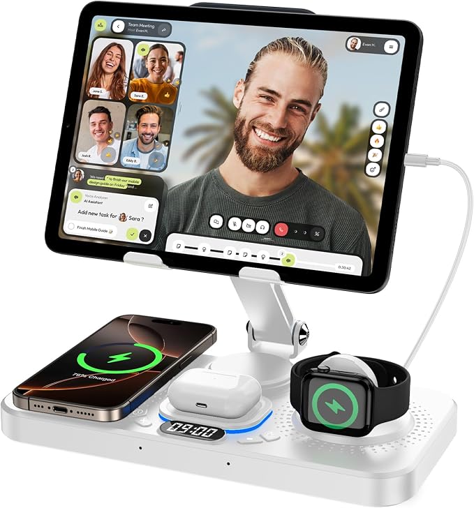 6 in 1 Wireless Charger for Apple Device, 30W Foldable Wired Charging for ipad with Clock & 7 Color Ambient Light, Nightstand Charger Station for iPhone 17